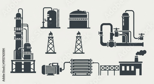 Industrial factory and refinery equipment icons set.