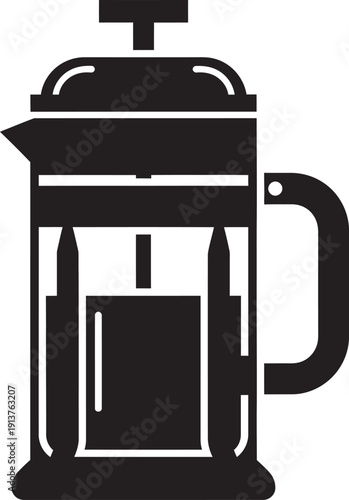 Close-up of a modern glass French press coffee maker filled with freshly brewed dark coffee and grounds, ready for serving in a bright kitchen setting.