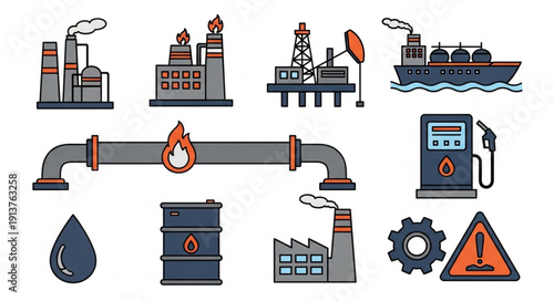 Industrial energy production and transport icons set.