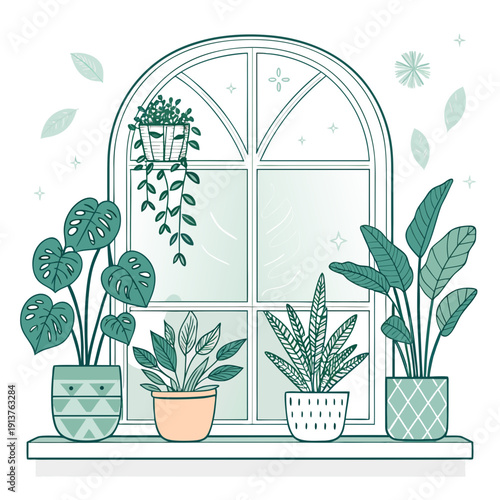 Potted plants arranged on a windowsill with an arched window frame and multiple panes, viewed from the front.