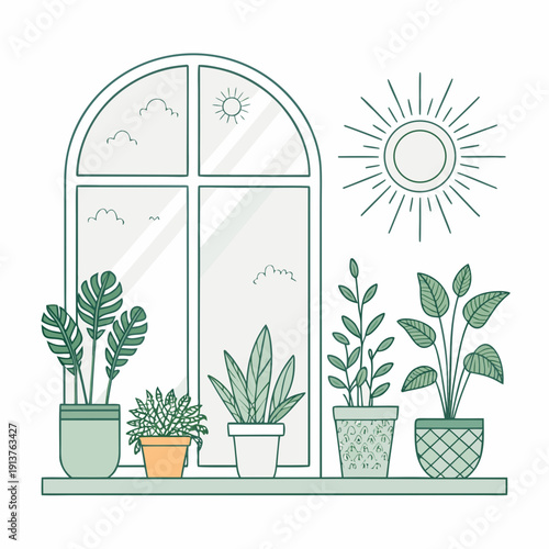 Illustration of potted plants on a windowsill with sun shining through the window