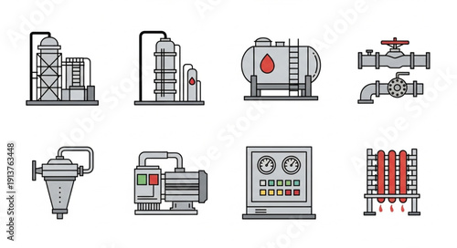 Industrial equipment and machinery icons set.
