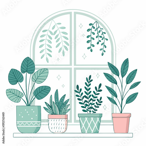Illustration of plants on a windowsill with a large arched window in the background displaying hanging plants and decorative panes
