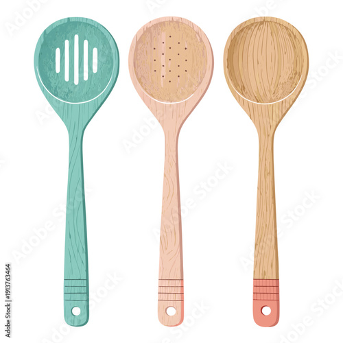 Three wooden kitchen utensils with different colored handles and heads displayed together on a plain surface