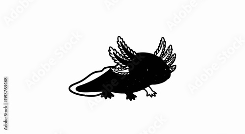 Cartoonish black and white illustration of a cute axolotl with feathery gills