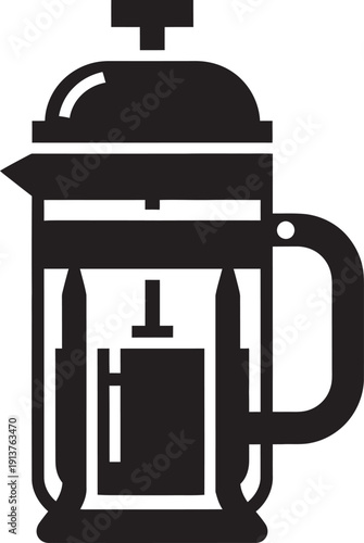 Close-up of a modern stainless steel French press coffee maker filled with freshly brewed dark coffee, ready for serving in a kitchen setting.