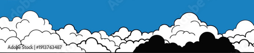 Cartoonish, stylized white clouds with black outlines against a bright blue sky