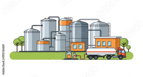 Industrial facility with storage tanks and truck.