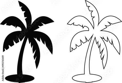 Palm tree vector set collection group with tropical coconut tree silhouette and outline icons, summer beach nature symbol isolated on transparent background, editable minimalist design
