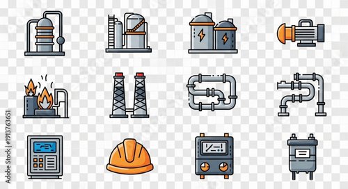 Industrial factory and equipment icons set.