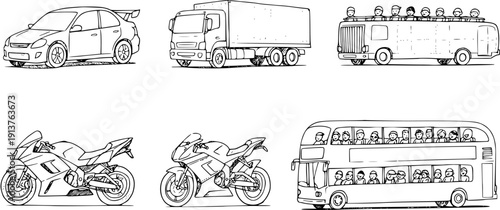 Hand-Drawn Vehicles: Car, Truck, Open-Top Bus, Motorbikes  Double-Decker Bus with Passengers (Line Art)