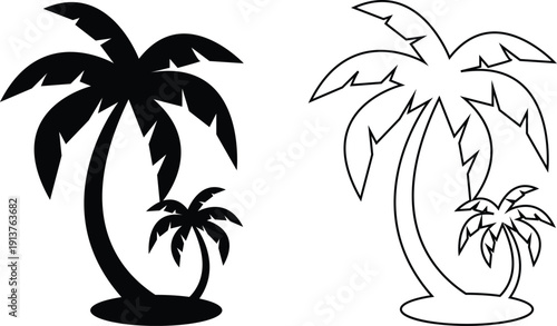 Palm tree vector set collection group with tropical coconut tree silhouette and outline icons, summer beach nature symbol isolated on transparent background, editable minimalist design