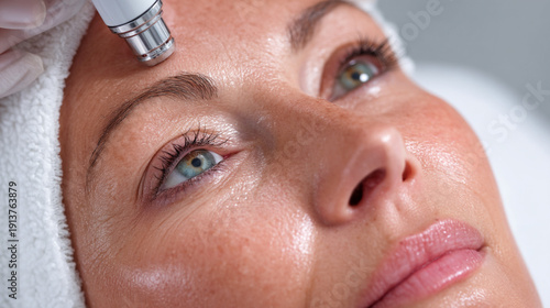 A woman receiving a facial treatment with a device on her forehead