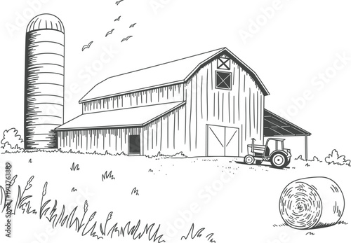 Rural farm landscape with wooden barn and silo, vintage countryside field sketch with tractor vector illustration