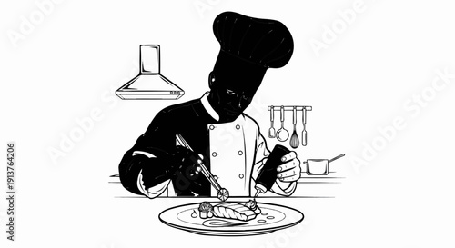 Chef meticulously garnishing a gourmet meal in a professional kitchen setting