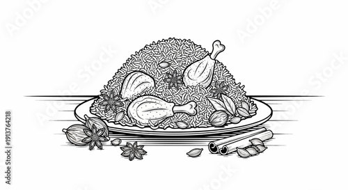 Chicken and rice dish with aromatic spices on a plate