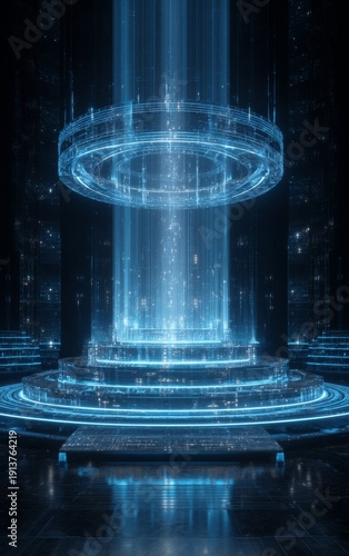 Futuristic neon blue technological cylinder with glowing rings and digital particles