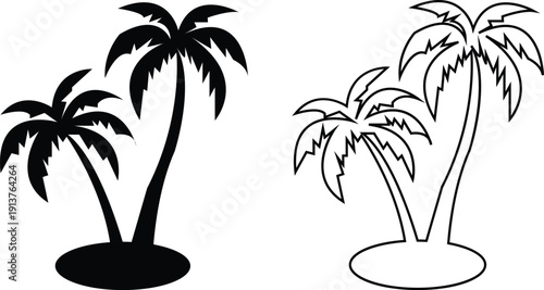 Palm tree vector set collection group with tropical coconut tree silhouette and outline icons, summer beach nature symbol isolated on transparent background, editable minimalist design