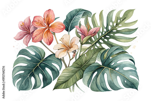 Watercolor Monstera Bloom Illustration, Tropical Botanical Art, vector isolated on white background