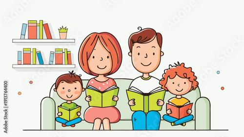 Family reading books together on a couch at home with bookshelf