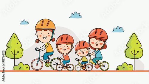 Family of four riding bicycles together outdoors in a park with trees and clouds