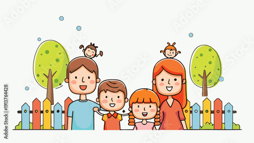 Happy family visiting zoo with kids and monkeys on fence smiling parents and children together