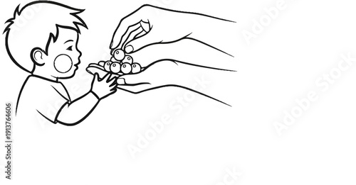 Child offered berries by hands, illustration