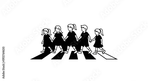 Children in silhouette crossing a zebra crossing, linked hands