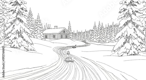 Children sledding down a snowy slope towards a cozy cabin