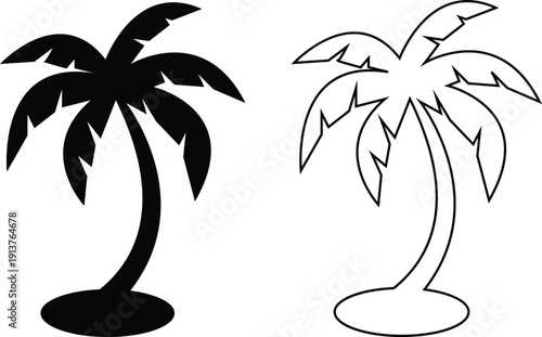 Palm tree vector set collection group with tropical coconut tree silhouette and outline icons, summer beach nature symbol isolated on transparent background, editable minimalist design