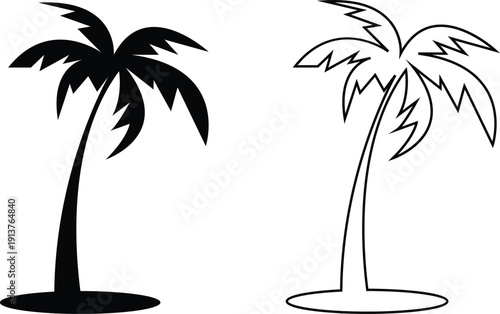 Palm tree vector set collection group with tropical coconut tree silhouette and outline icons, summer beach nature symbol isolated on transparent background, editable minimalist design