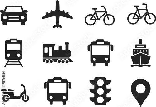 Collection of transportation and travel icons car, airplane, bicycle, train, ship, scooter, taxi, and map pins