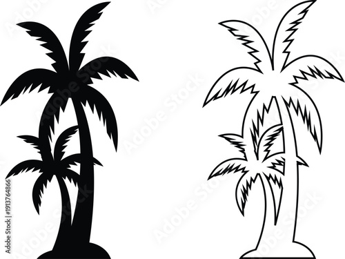 Palm tree vector set collection group with tropical coconut tree silhouette and outline icons, summer beach nature symbol isolated on transparent background, editable minimalist design