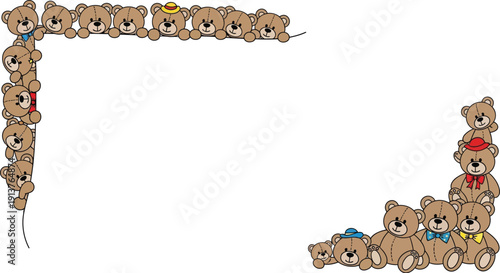 Collection of teddy bears forming a decorative corner border with various colored ribbons in a whimsical illustration