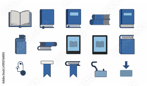 Book Icon Set with Open Book and Ebook Reader Flat Vector Collection Isolated on White Background
