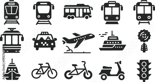 Collection of public transportation and travel icons in black silhouettes