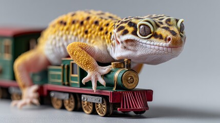 Leopard gecko with yellow and black spots perched on a toy train, showcasing intricate details of both the reptile and the miniature locomotive
