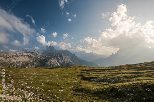 Photography Sunset landscape of the Dolomites near Tre Cime with alpine meadows and dramatic