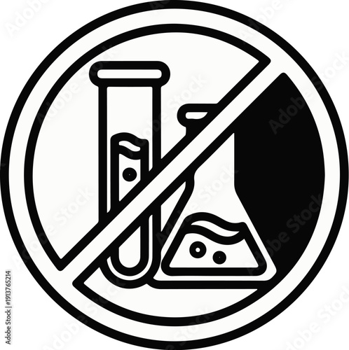 Circle with prohibition sign over test tubes and flask