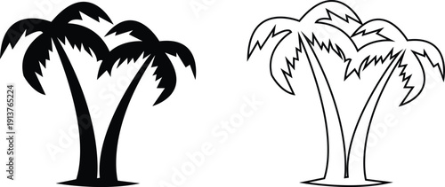 Palm tree vector set collection group with tropical coconut tree silhouette and outline icons, summer beach nature symbol isolated on transparent background, editable minimalist design
