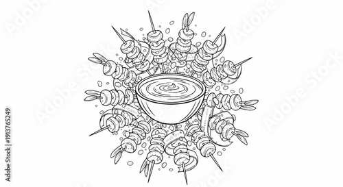 Circular arrangement of shrimp skewers around a central dipping sauce bowl