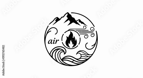 Circular emblem depicting mountains, fire, wind, and waves with "air" text