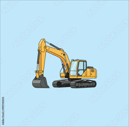 Art & Illustration
Yellow excavator on blue background, heavy construction equipment used for digging, earthmoving, and building projects in industrial sites.