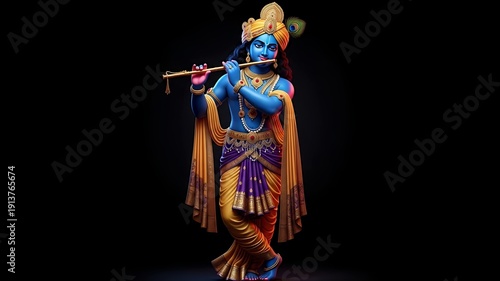 Full Body Lord Krishna Playing Flute on Dark Background – Detailed Janmashtami Hindu God Illustration for Spiritual Devotion, Indian Mythology Poster and Religious Art Design
