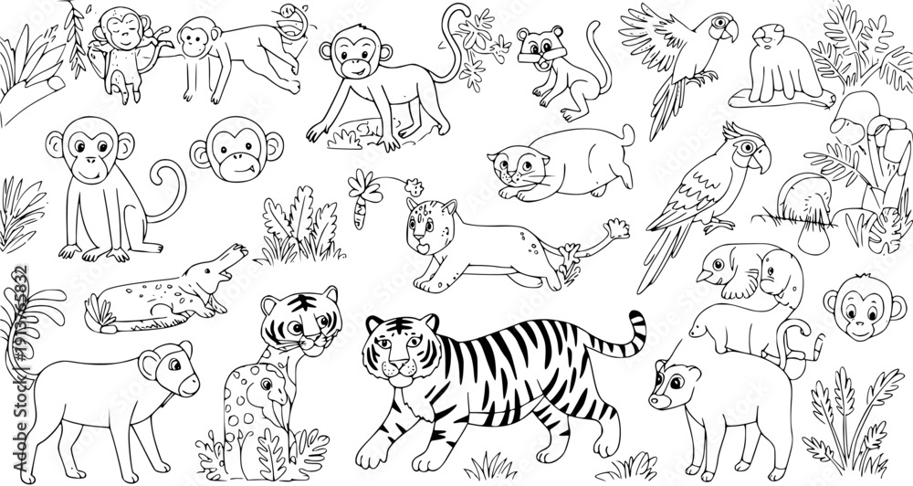 Obraz premium Cute Cartoon Jungle Animals Black and White Outline Drawing for Kids Coloring Book Page, Tropical Wildlife Illustration Set