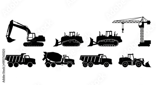 Industrial construction vehicles silhouettes collection.