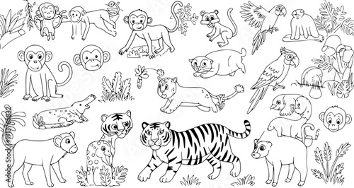Cute Cartoon Jungle Animals Black and White Outline Drawing for Kids Coloring Book Page, Tropical Wildlife Illustration Set