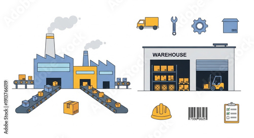 Industrial factory and warehouse with logistics elements.