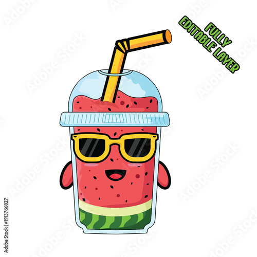 Cute Watermelon Juice Mascot with Sunglasses and Straw. Funny Summer Drink Cartoon Character Illustration Isolated on White Background