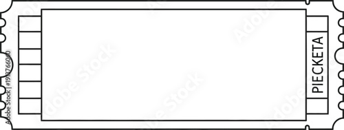 A detailed black and line illustration of a ticket stub with the word 'PIECETA' on a white background, viewed from directly above